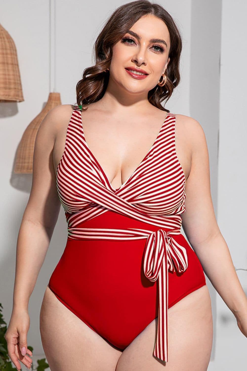 Plus Size Striped Tie-Waist One-Piece Swimsuit - SwagglyLife Home & Fashion