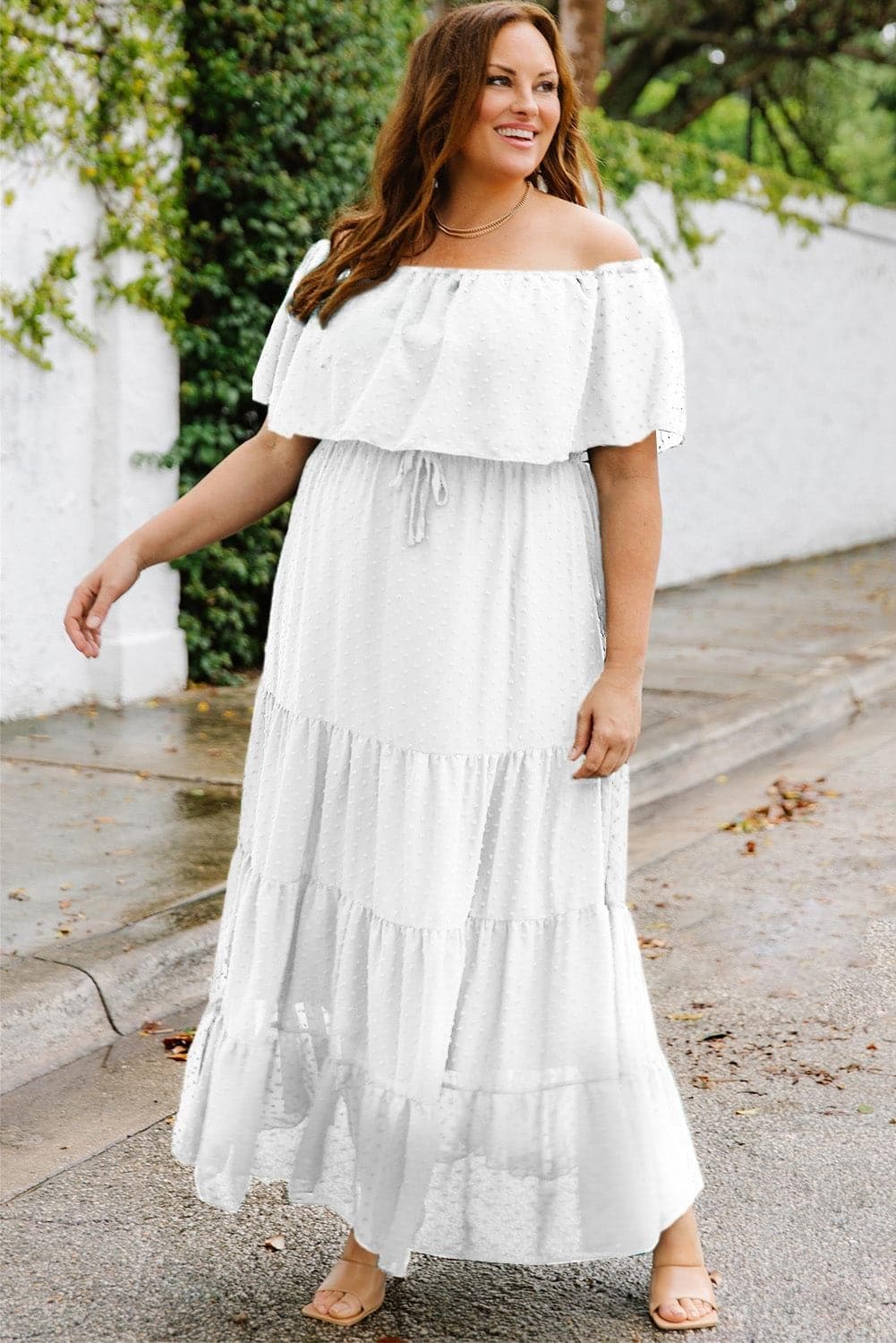 Plus Size Swiss Dot Off-Shoulder Tiered Dress - SwagglyLife Home & Fashion