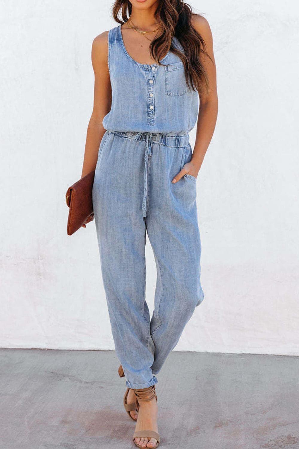 Pocketed Half Button Sleeveless Denim Jumpsuit - SwagglyLife Home & Fashion