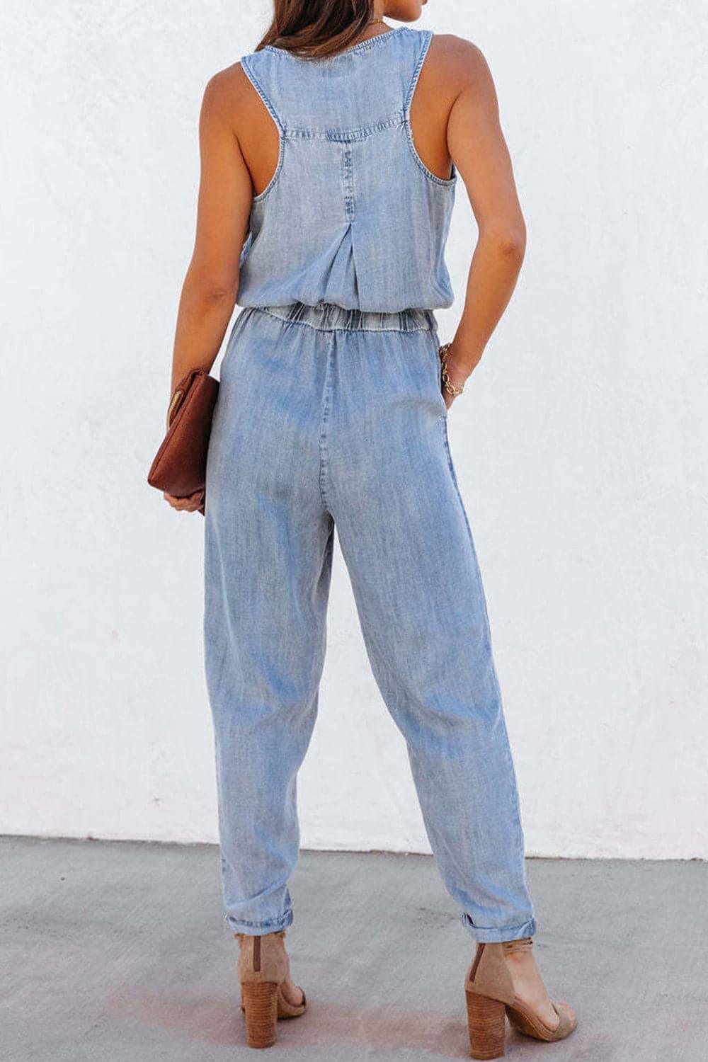 Pocketed Half Button Sleeveless Denim Jumpsuit - SwagglyLife Home & Fashion