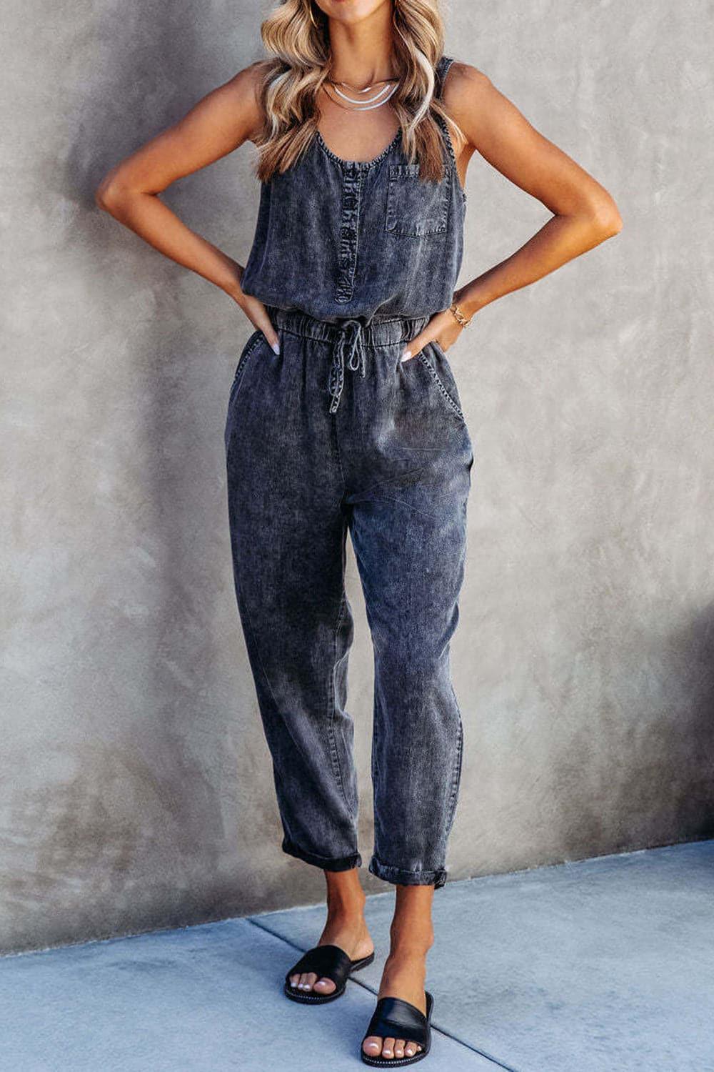 Pocketed Half Button Sleeveless Denim Jumpsuit - SwagglyLife Home & Fashion