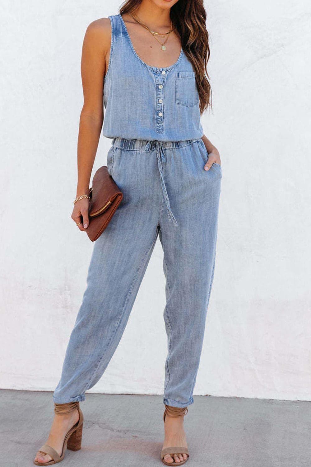 Pocketed Half Button Sleeveless Denim Jumpsuit - SwagglyLife Home & Fashion