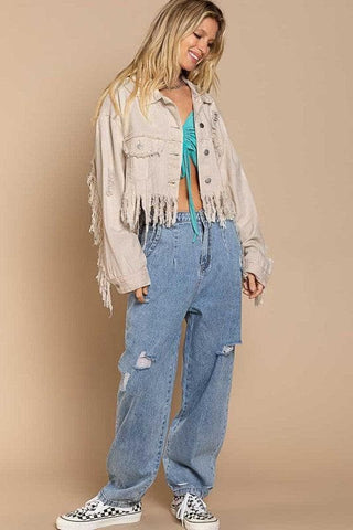 POL PLUS Fringe-Detailed Cropped Denim Jacket - SwagglyLife Home & Fashion