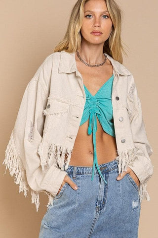 POL PLUS Fringe-Detailed Cropped Denim Jacket - SwagglyLife Home & Fashion