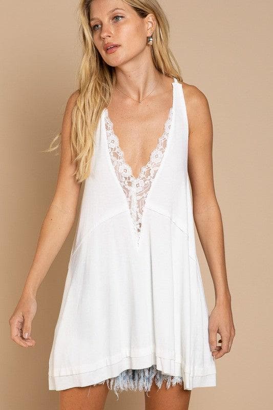 POL Sleeveless Deep V-neck Dress with Lace on Front - SwagglyLife Home & Fashion