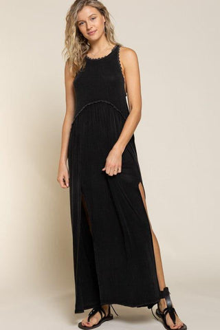 POL Stone Washed Side Slit Cut Out Maxi Dress - SwagglyLife Home & Fashion