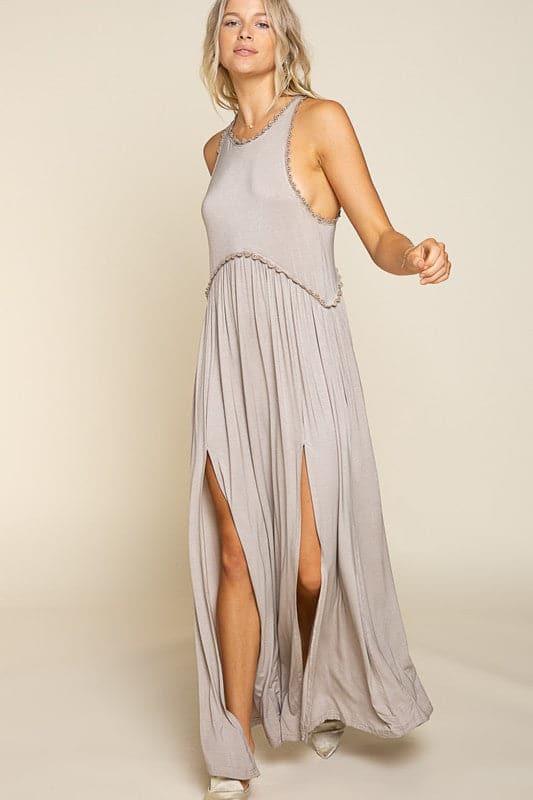 POL Stone Washed Side Slit Cut Out Maxi Dress - SwagglyLife Home & Fashion