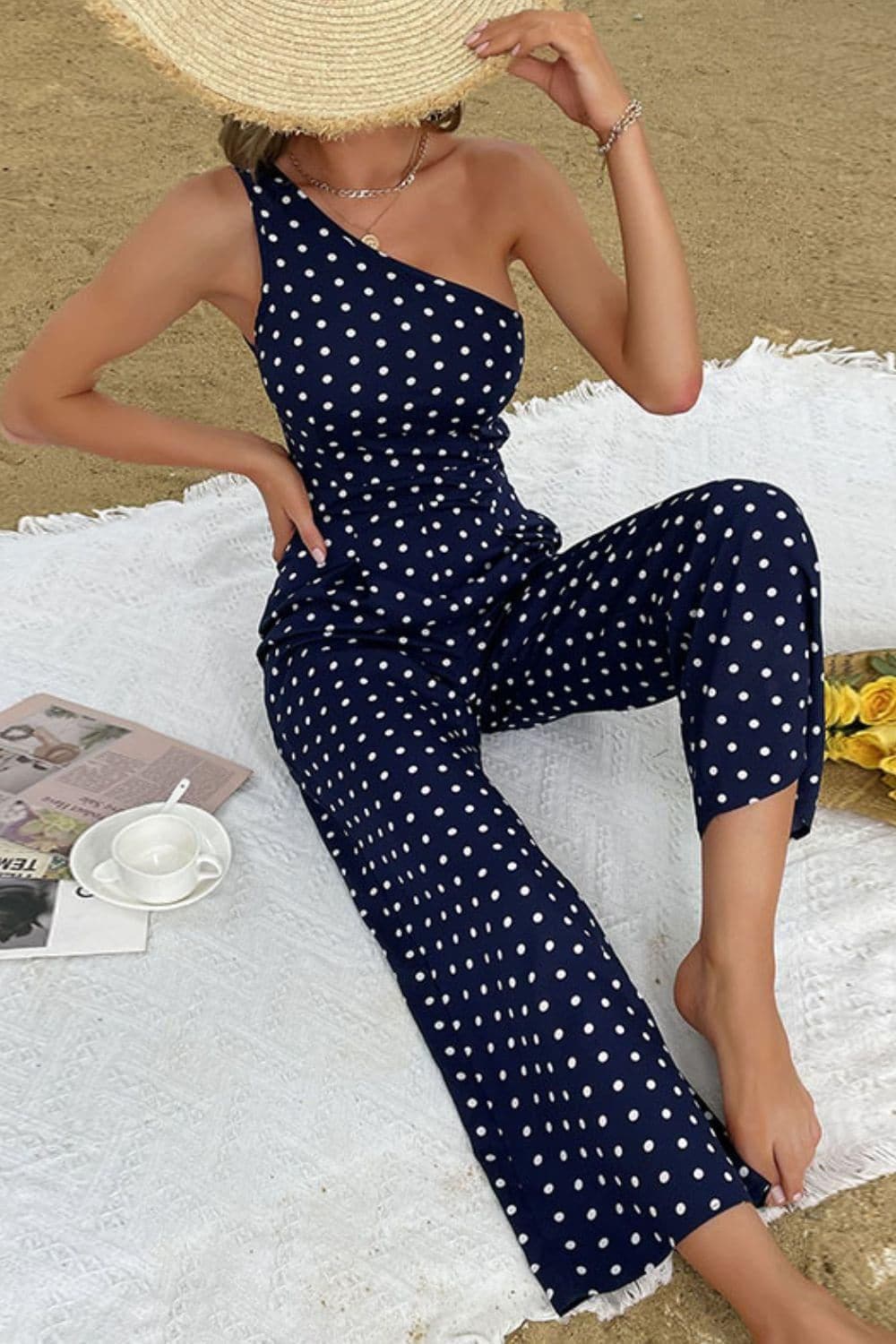 Polka Dot One-Shoulder Jumpsuit - SwagglyLife Home & Fashion