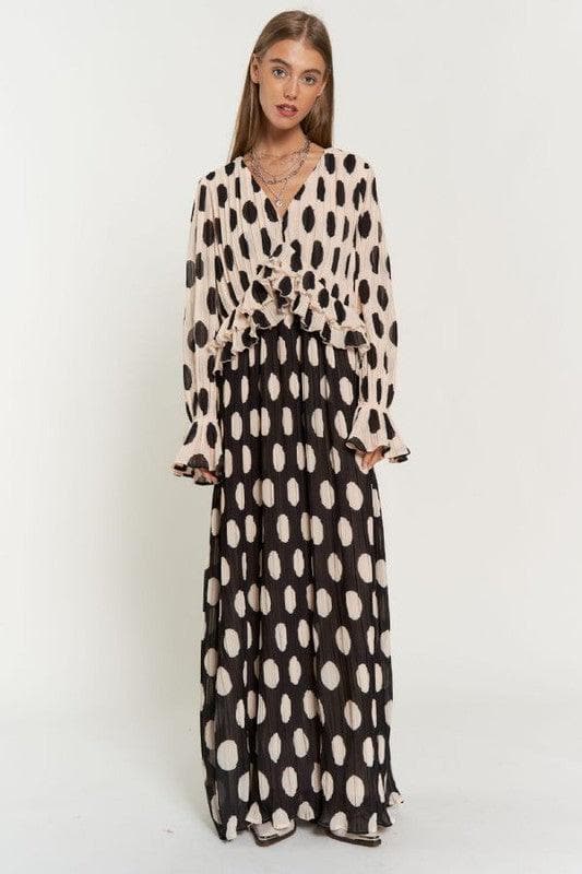 Polka Dot Ruffled Long Sleeve Pleated Maxi Dress - SwagglyLife Home & Fashion