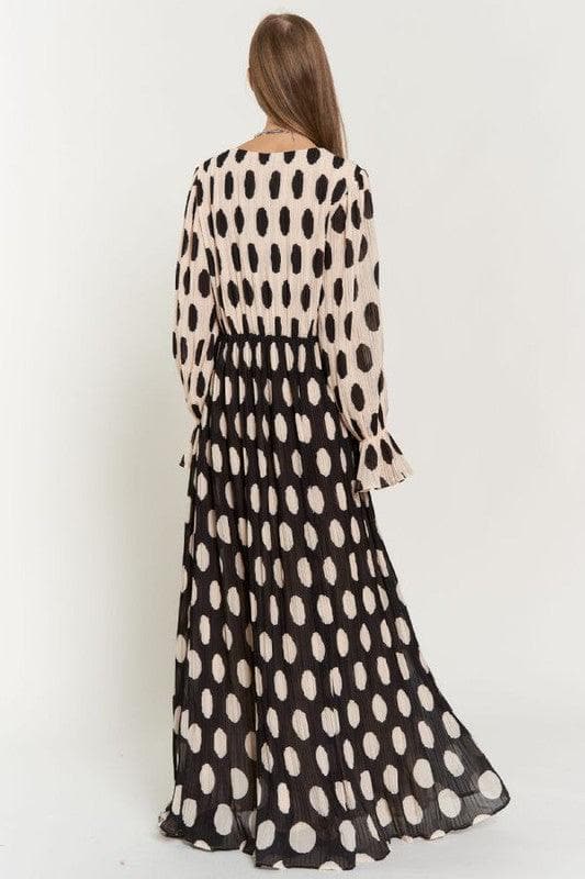 Polka Dot Ruffled Long Sleeve Pleated Maxi Dress - SwagglyLife Home & Fashion