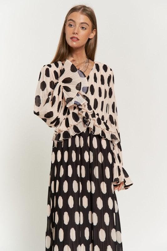 Polka Dot Ruffled Long Sleeve Pleated Maxi Dress - SwagglyLife Home & Fashion