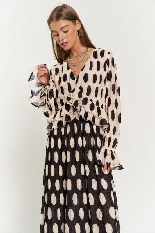 Polka Dot Ruffled Long Sleeve Pleated Maxi Dress - SwagglyLife Home & Fashion