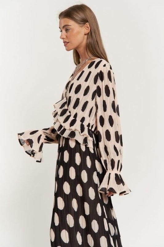 Polka Dot Ruffled Long Sleeve Pleated Maxi Dress - SwagglyLife Home & Fashion