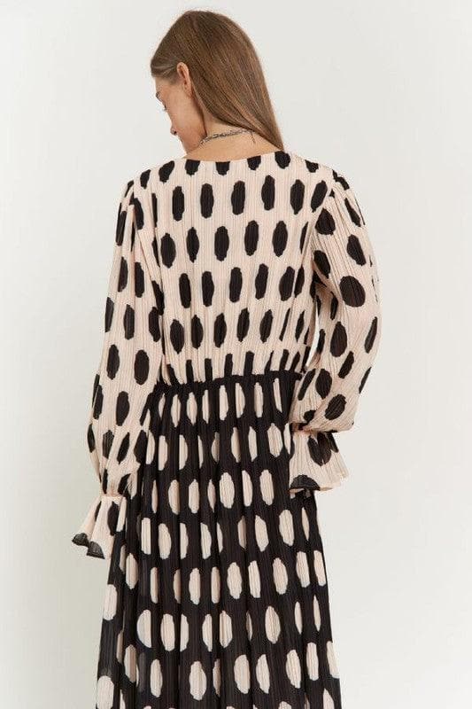 Polka Dot Ruffled Long Sleeve Pleated Maxi Dress - SwagglyLife Home & Fashion