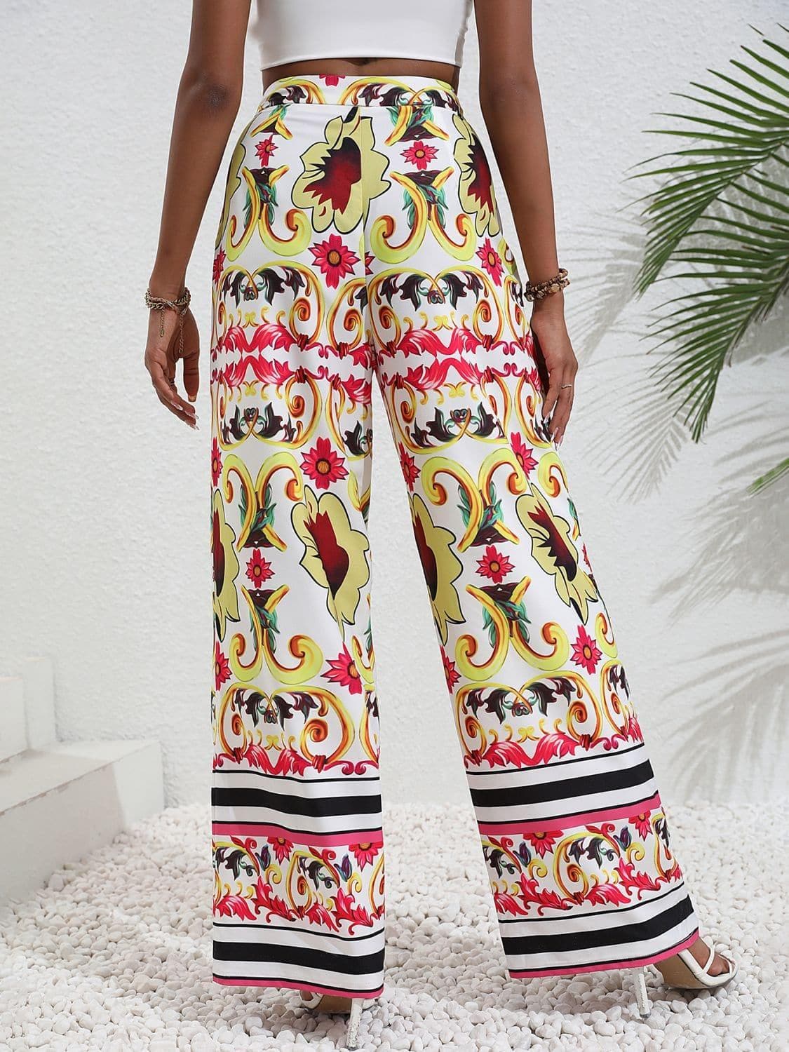 Printed Italian Tile Inspired High-Rise Wide Leg Pants - SwagglyLife Home & Fashion