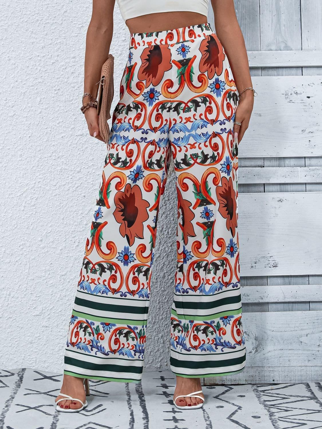 Printed Italian Tile Inspired High-Rise Wide Leg Pants - SwagglyLife Home & Fashion