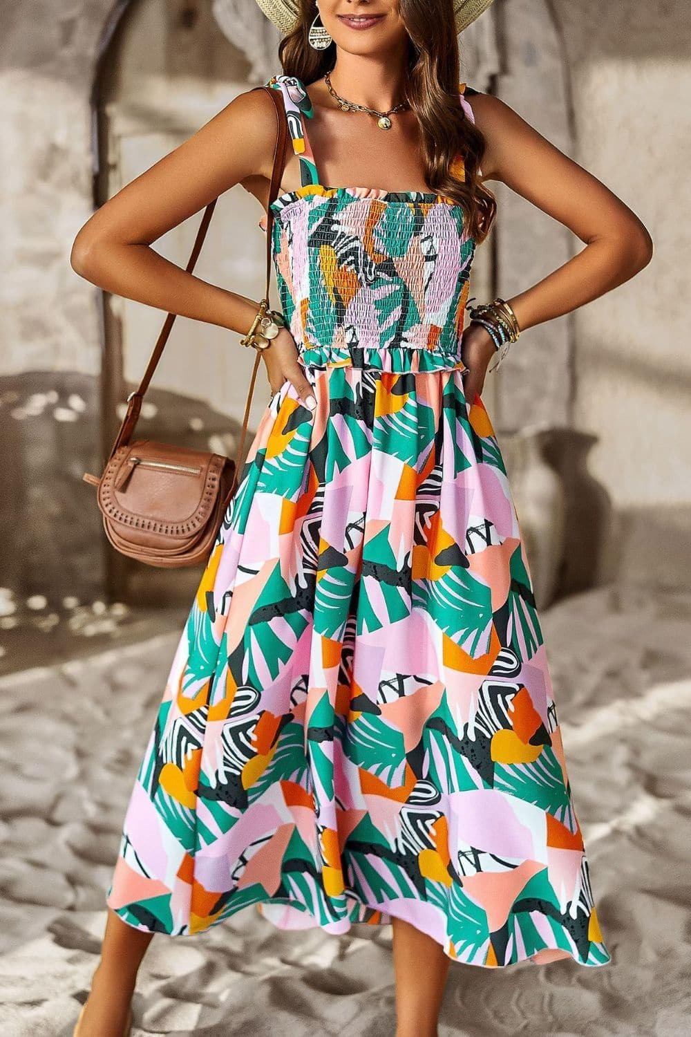 Printed Smocked Tie Shoulder Dress - SwagglyLife Home & Fashion