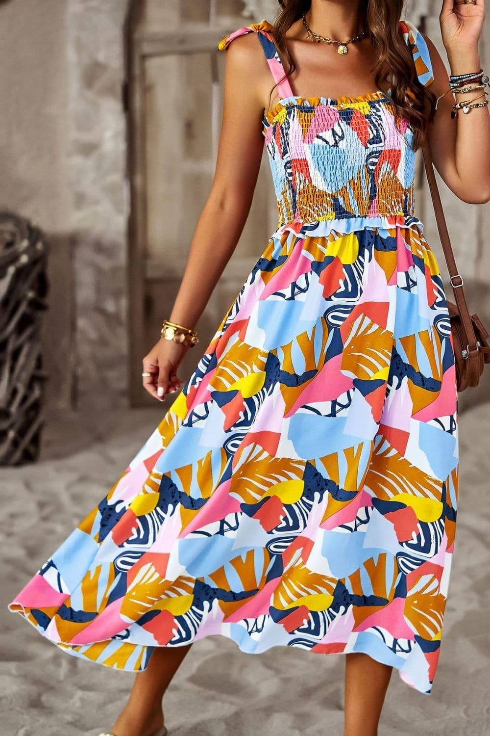 Printed Smocked Tie Shoulder Dress - SwagglyLife Home & Fashion