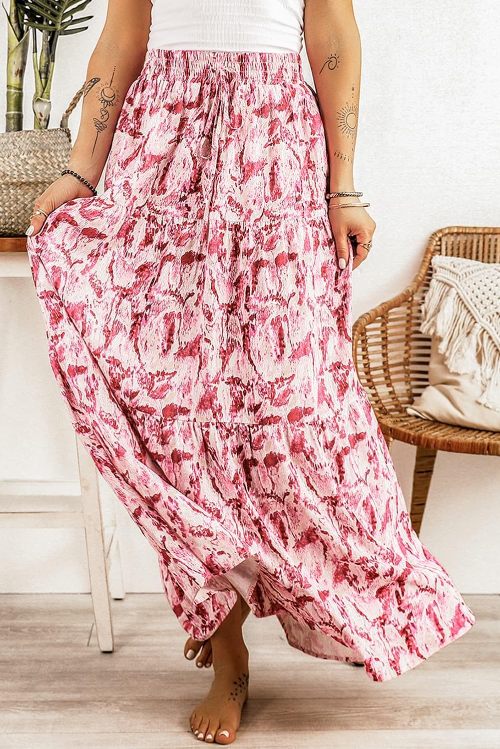 Printed Smocked Waist Maxi Skirt, Carnation Pink - SwagglyLife Home & Fashion