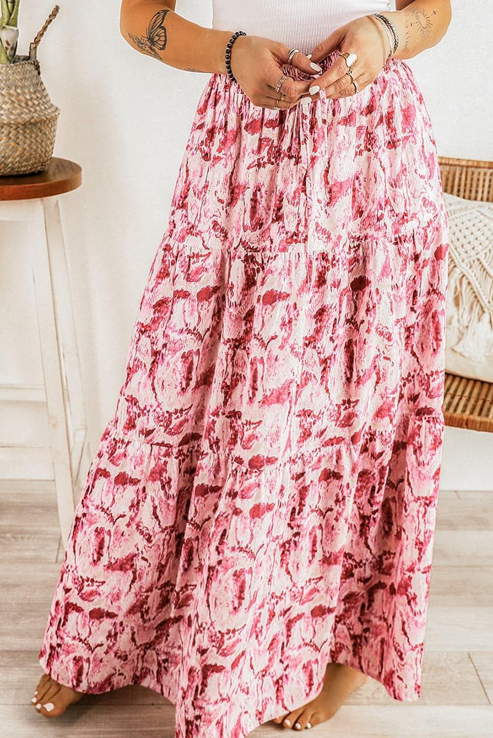 Printed Smocked Waist Maxi Skirt, Carnation Pink - SwagglyLife Home & Fashion