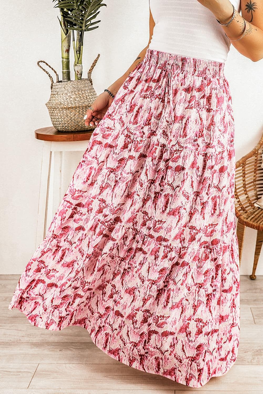 Printed Smocked Waist Maxi Skirt, Carnation Pink - SwagglyLife Home & Fashion
