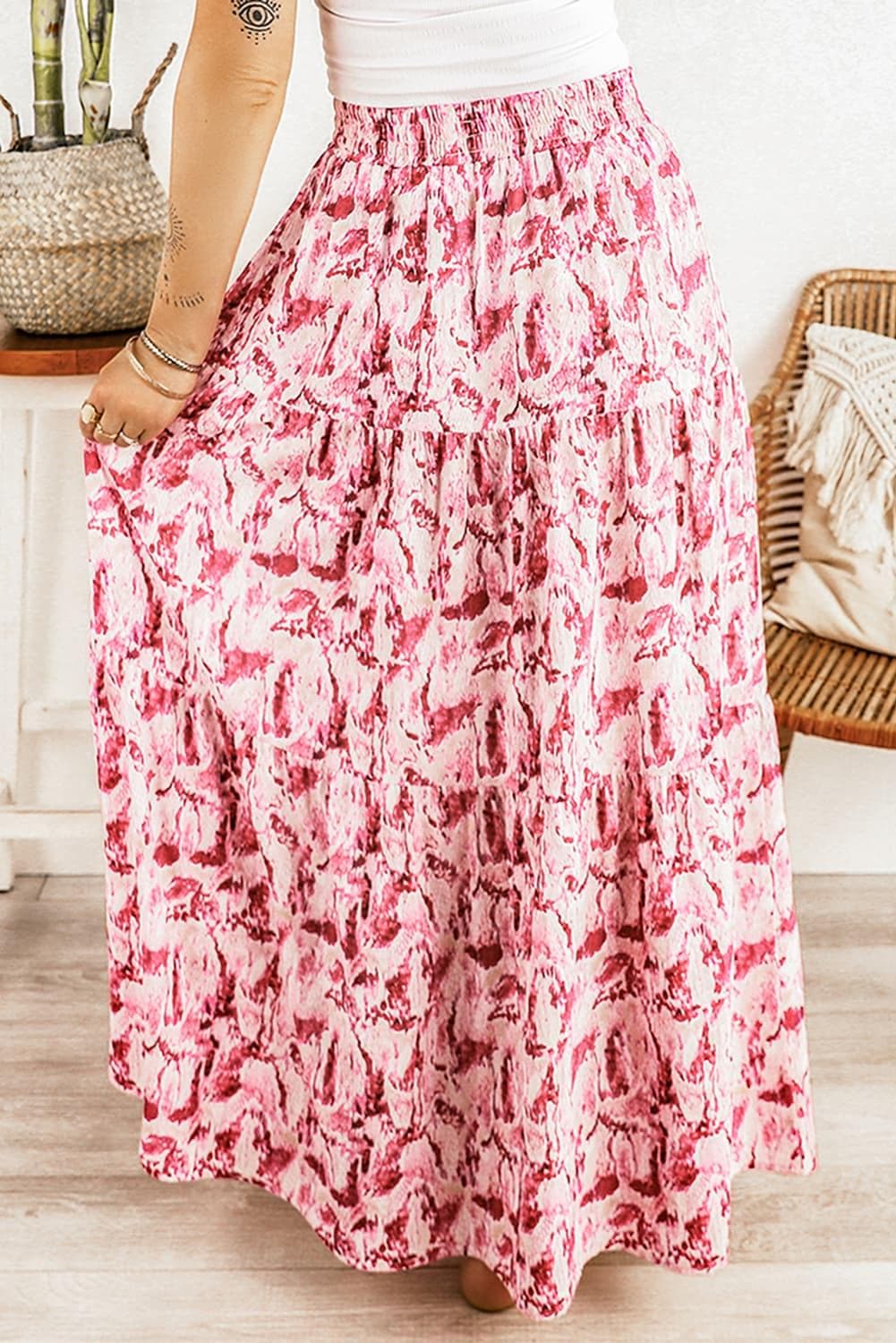 Printed Smocked Waist Maxi Skirt, Carnation Pink - SwagglyLife Home & Fashion