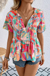 Printed Tie Neck Short Sleeve Blouse - SwagglyLife Home & Fashion