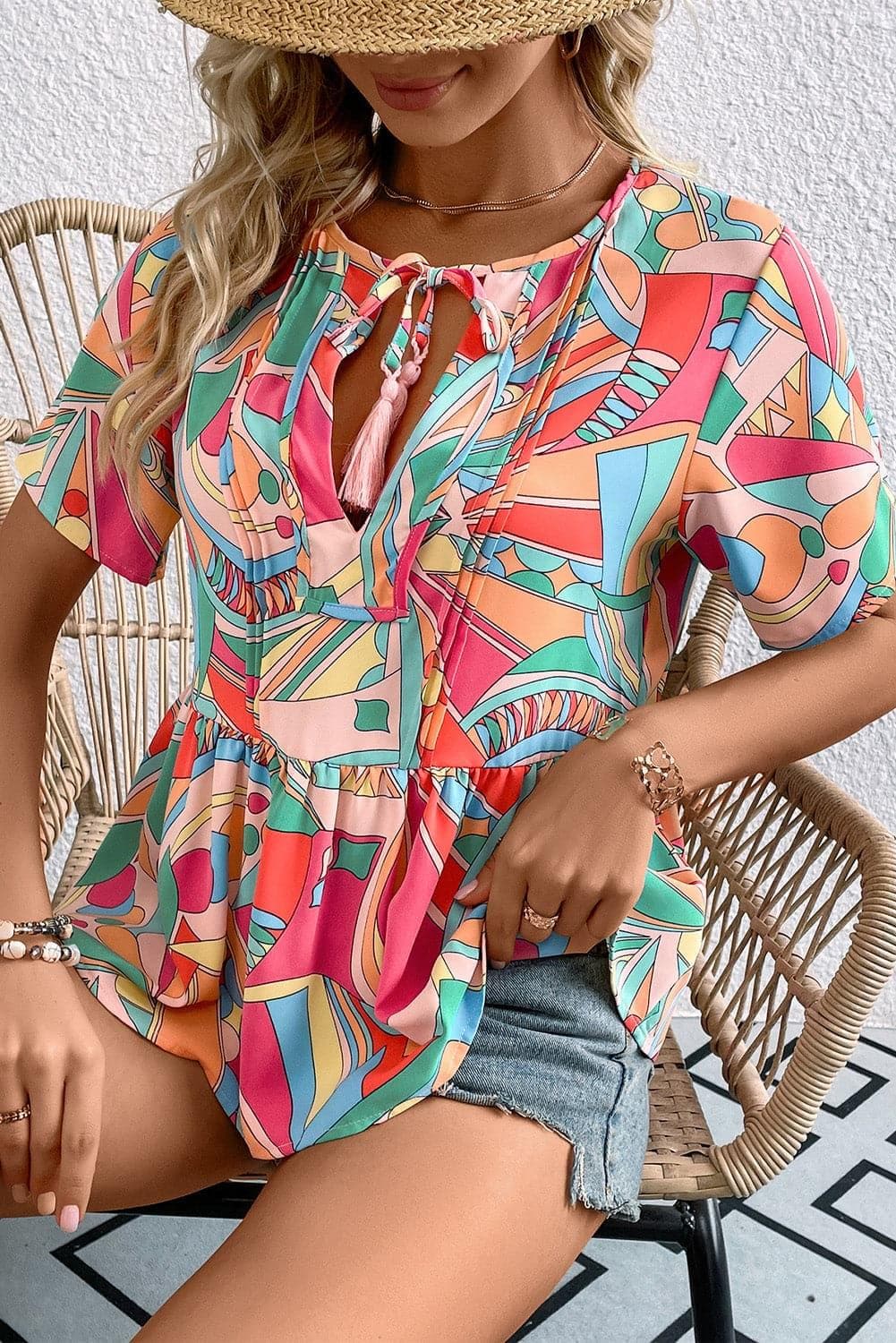 Printed Tie Neck Short Sleeve Blouse - SwagglyLife Home & Fashion