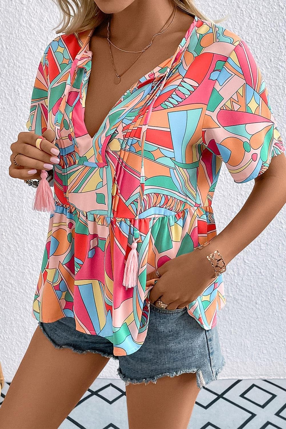Printed Tie Neck Short Sleeve Blouse - SwagglyLife Home & Fashion