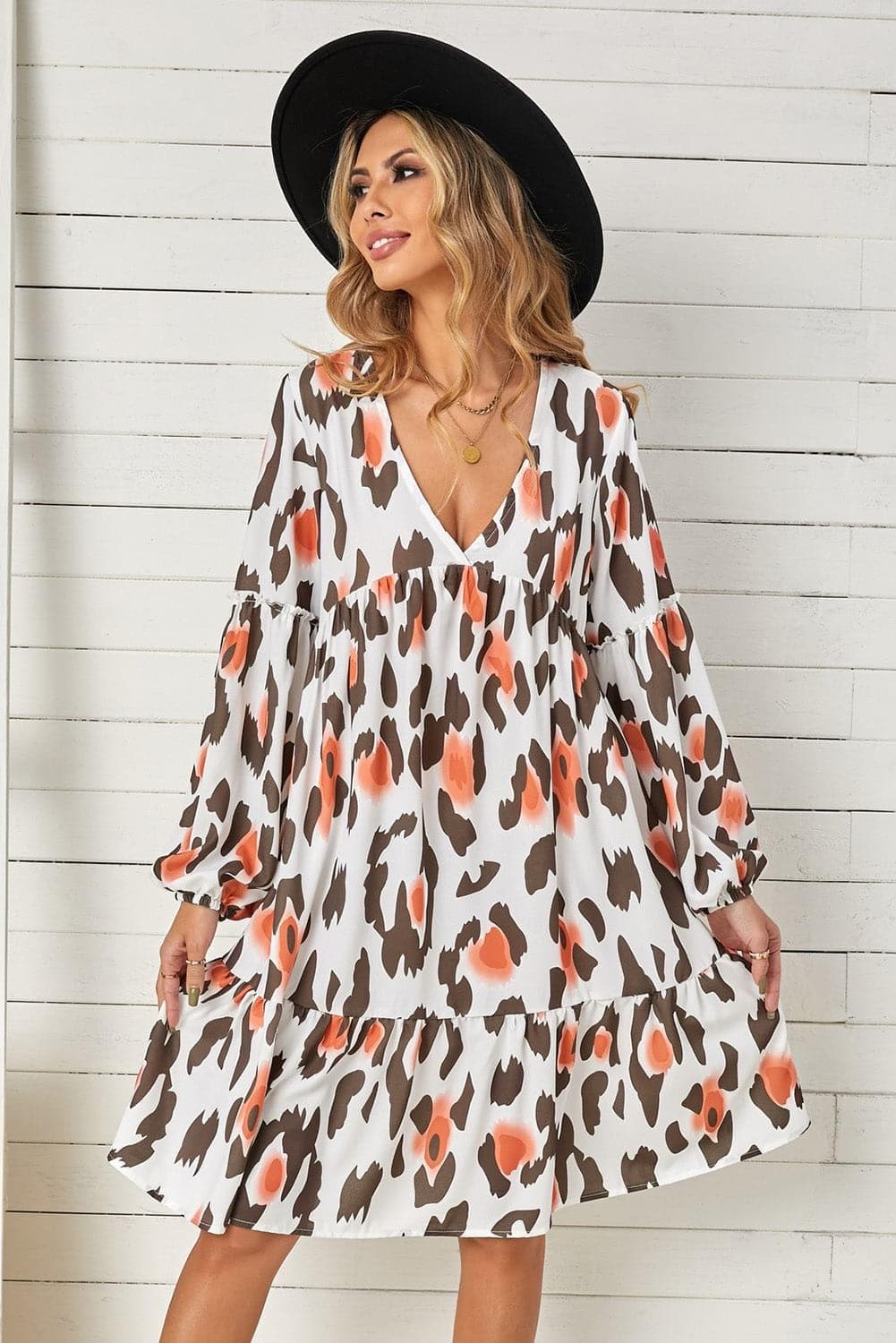 Printed V-Neck Long Sleeve Dress - SwagglyLife Home & Fashion