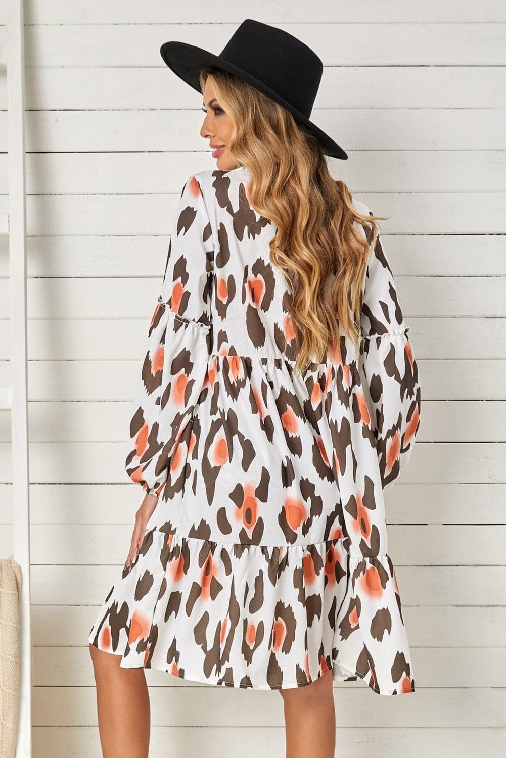 Printed V-Neck Long Sleeve Dress - SwagglyLife Home & Fashion