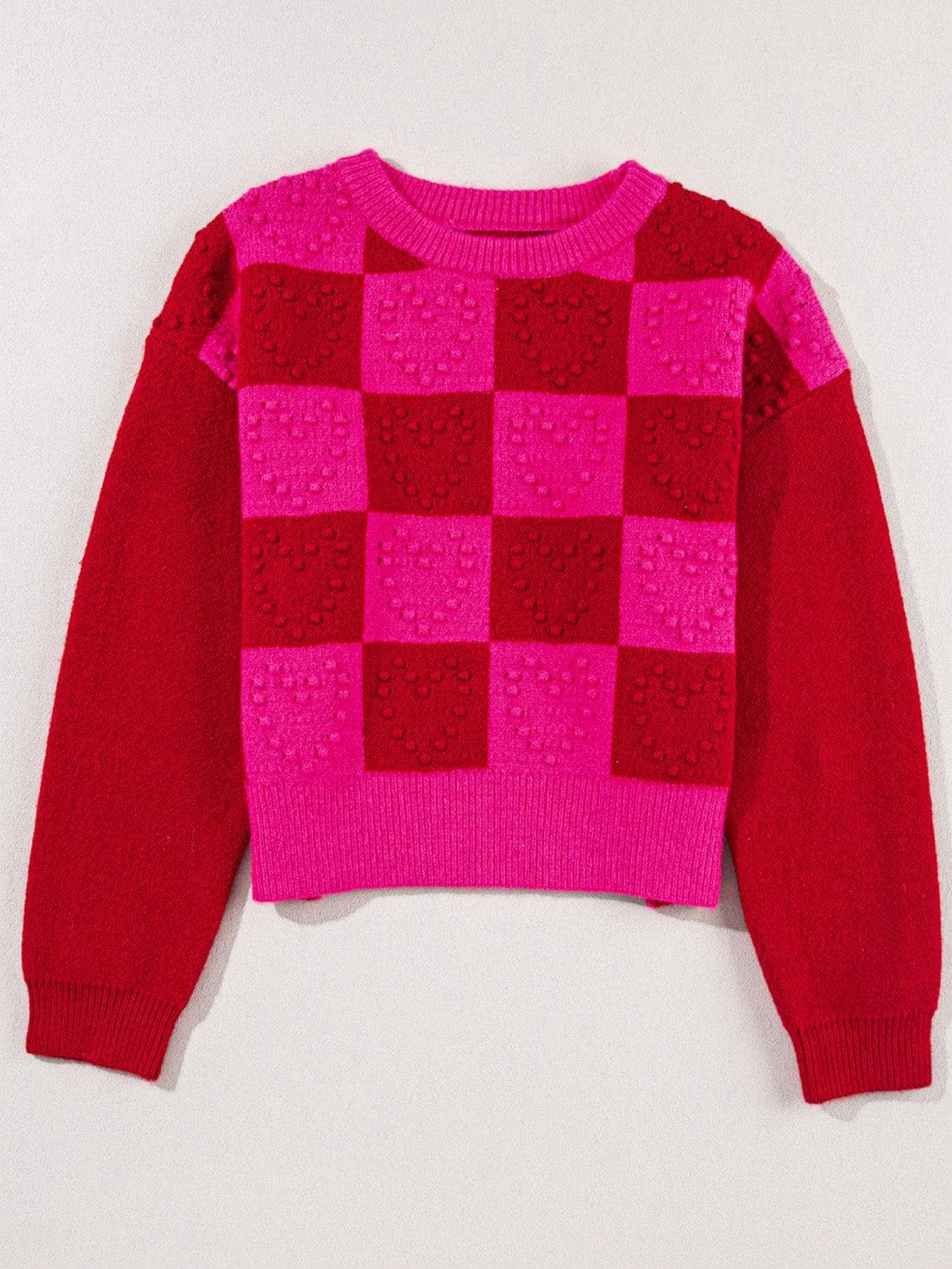 Queen of Hearts Plaid Heart Round Neck Sweater - SwagglyLife Home & Fashion