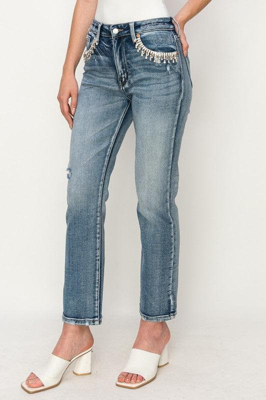Reagan High Rise Crystal Embellished Crop Straight Jeans - SwagglyLife Home & Fashion