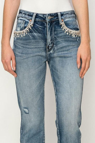 Reagan High Rise Crystal Embellished Crop Straight Jeans - SwagglyLife Home & Fashion