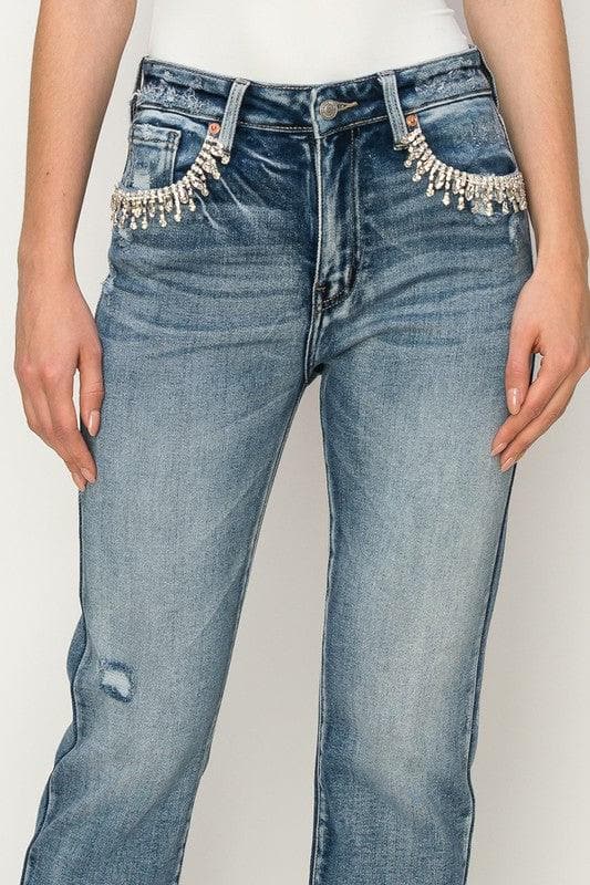 Reagan High Rise Crystal Embellished Crop Straight Jeans - SwagglyLife Home & Fashion