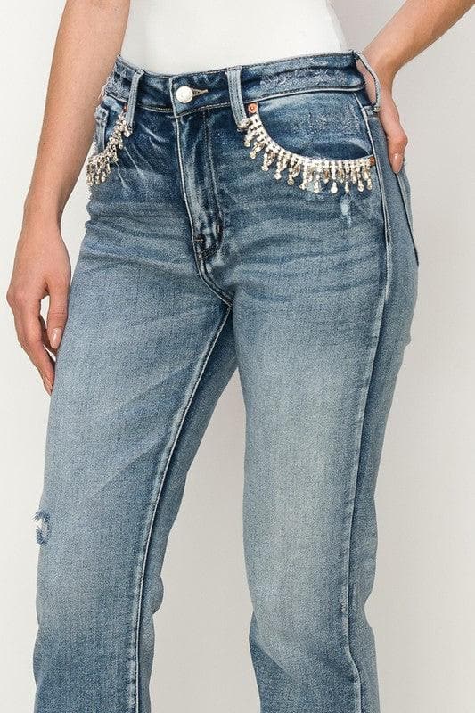 Reagan High Rise Crystal Embellished Crop Straight Jeans - SwagglyLife Home & Fashion