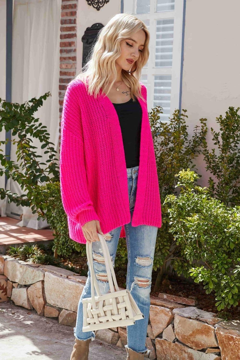 Rib-Knit Open Front Drop Shoulder Cardigan - SwagglyLife Home & Fashion