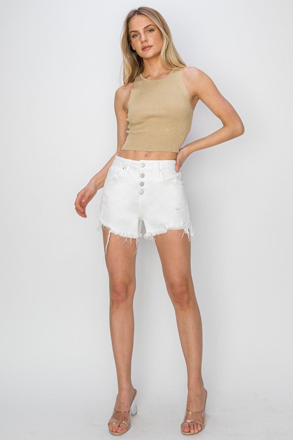 RISEN Button Fly Frayed Hem Denim Shorts - SwagglyLife Home & Fashion