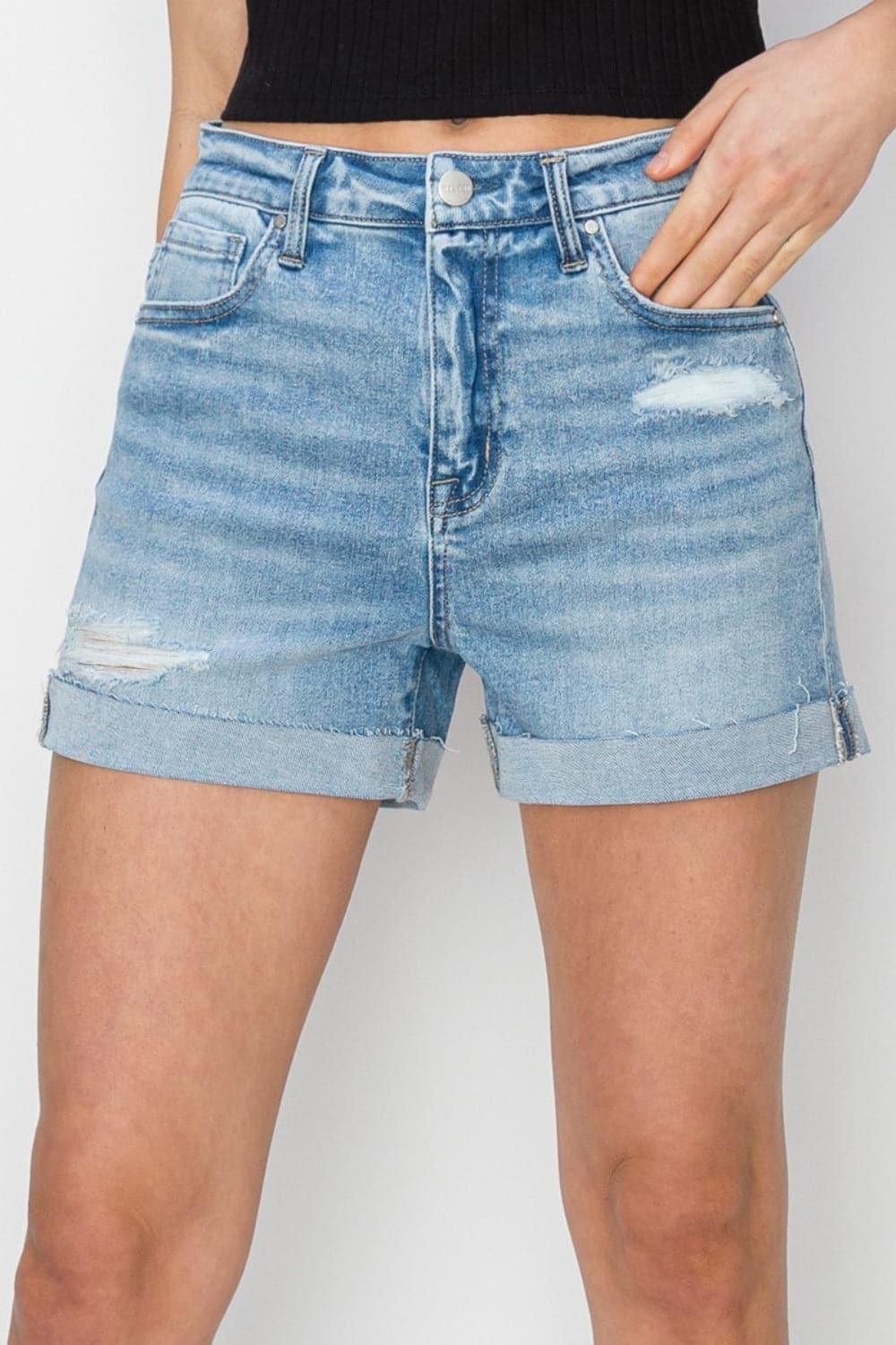 RISEN Distressed Mid-Rise Waist Denim Shorts - SwagglyLife Home & Fashion