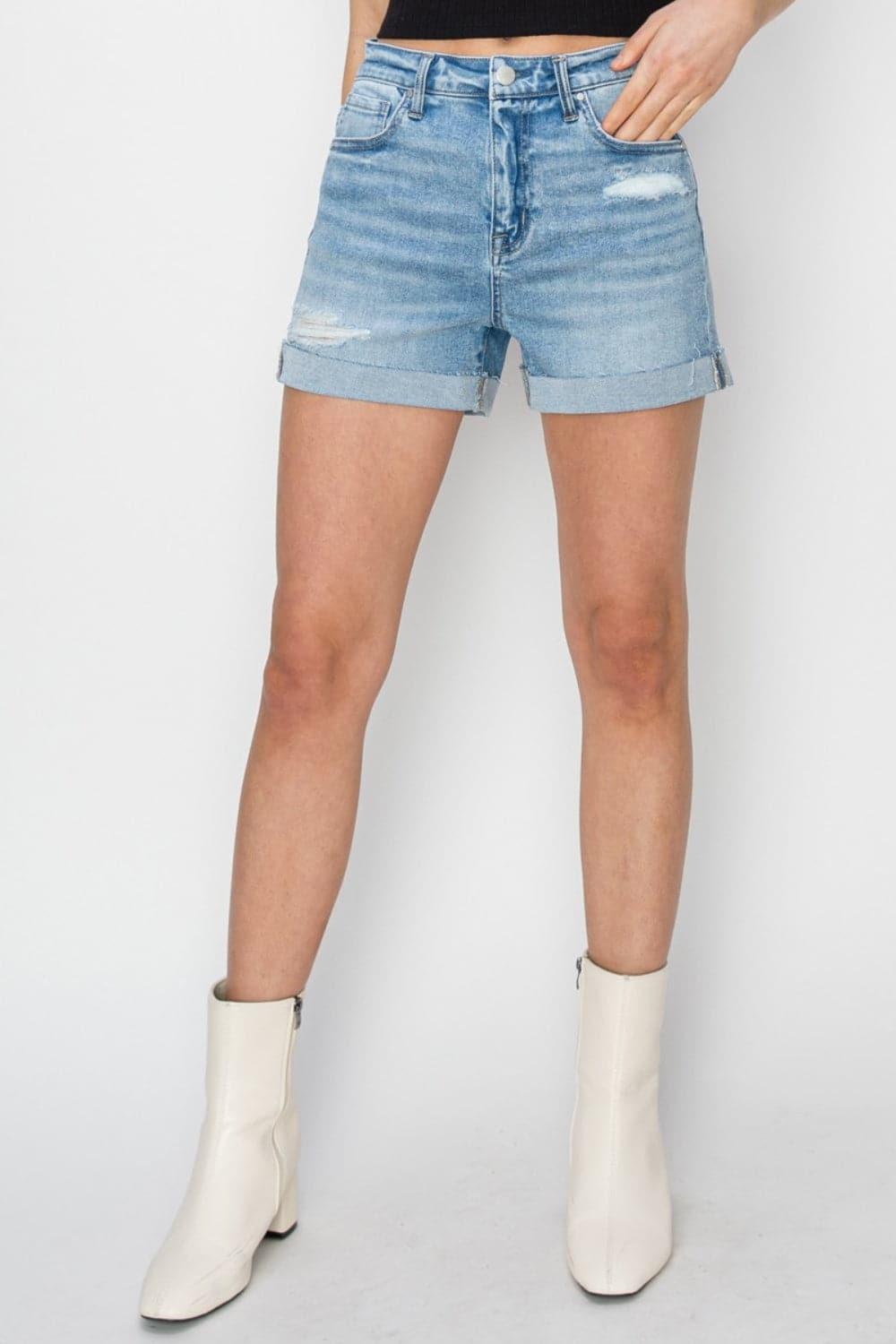 RISEN Distressed Mid-Rise Waist Denim Shorts - SwagglyLife Home & Fashion