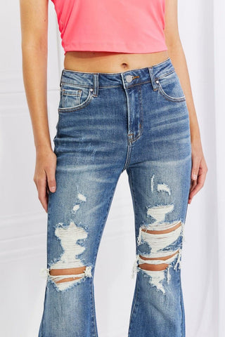 RISEN Full Size Hazel High Rise Distressed Flare Jeans - SwagglyLife Home & Fashion