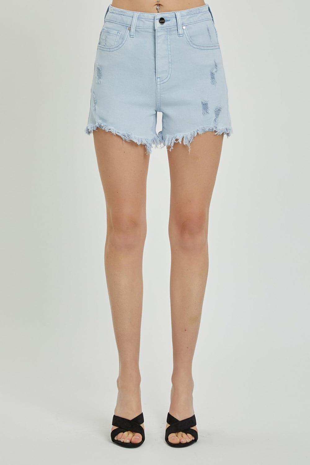 RISEN Full Size High Rise Distressed Detail Denim Shorts - SwagglyLife Home & Fashion