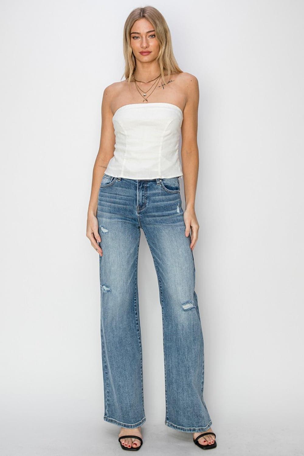 RISEN Full Size High Waist Distressed Wide Leg Jeans - SwagglyLife Home & Fashion