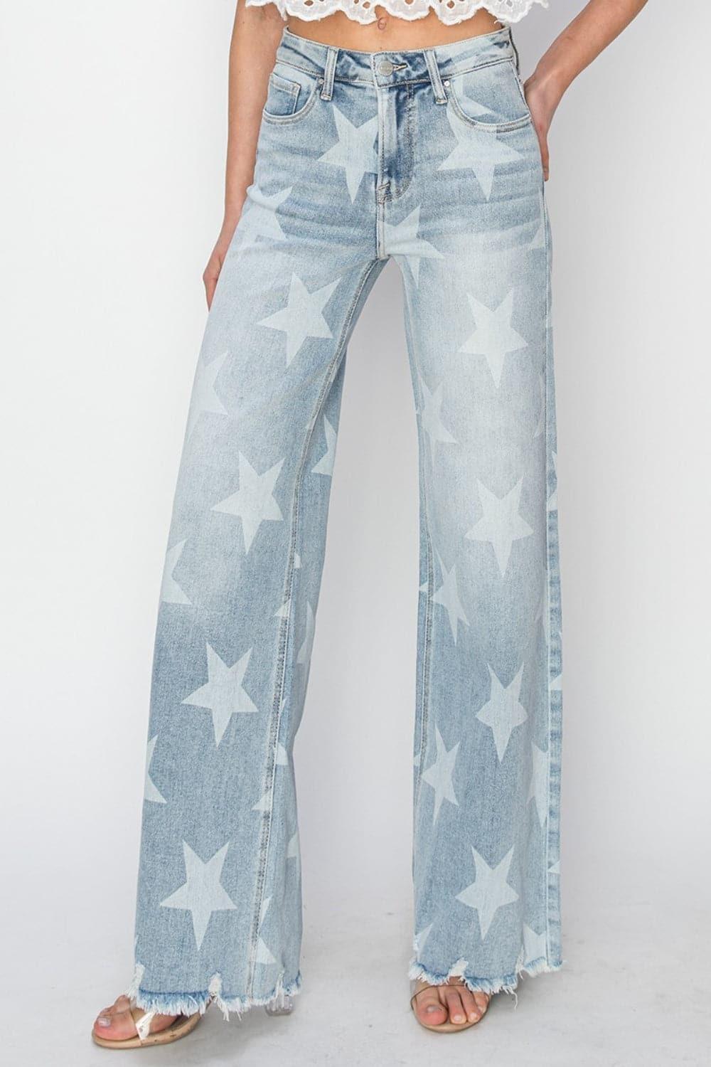 RISEN Full Size Raw Hem Star Wide Leg Jeans - SwagglyLife Home & Fashion