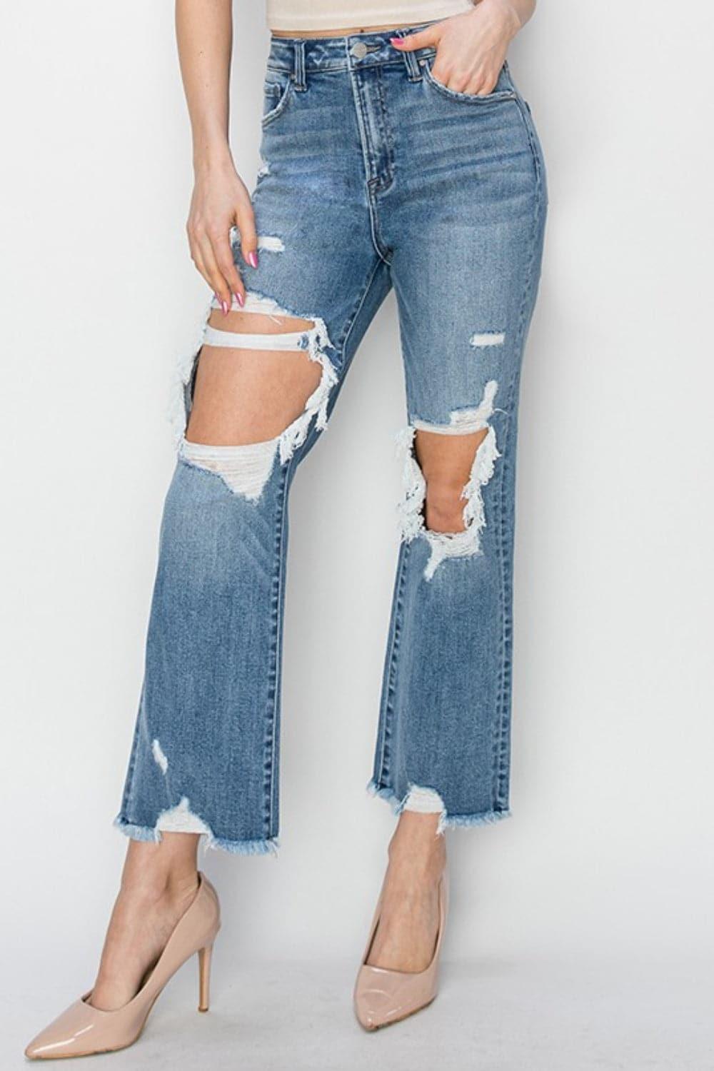 RISEN High Rise Distressed Crop Straight Jeans - SwagglyLife Home & Fashion