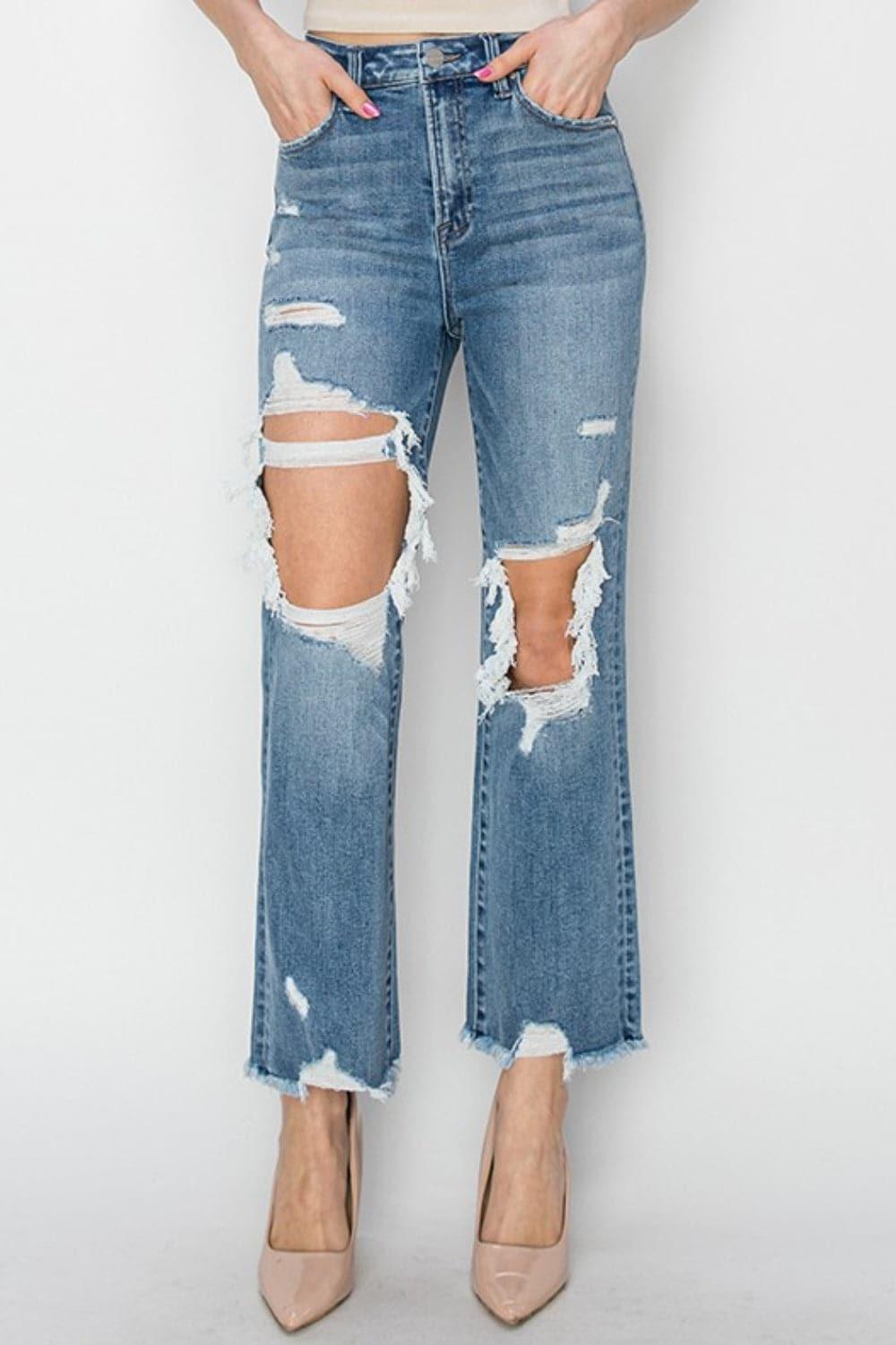 RISEN High Rise Distressed Crop Straight Jeans - SwagglyLife Home & Fashion