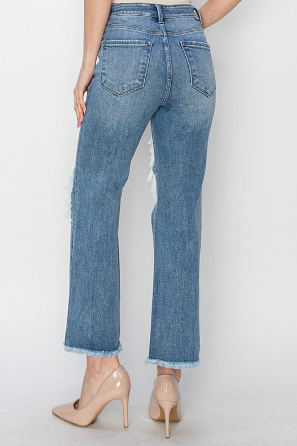 RISEN High Rise Distressed Crop Straight Jeans - SwagglyLife Home & Fashion