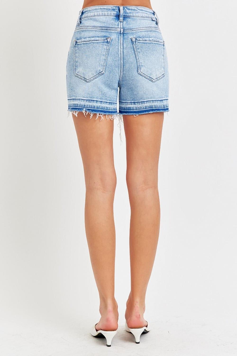 RISEN High Rise Distressed Hem Denim Shorts - SwagglyLife Home & Fashion