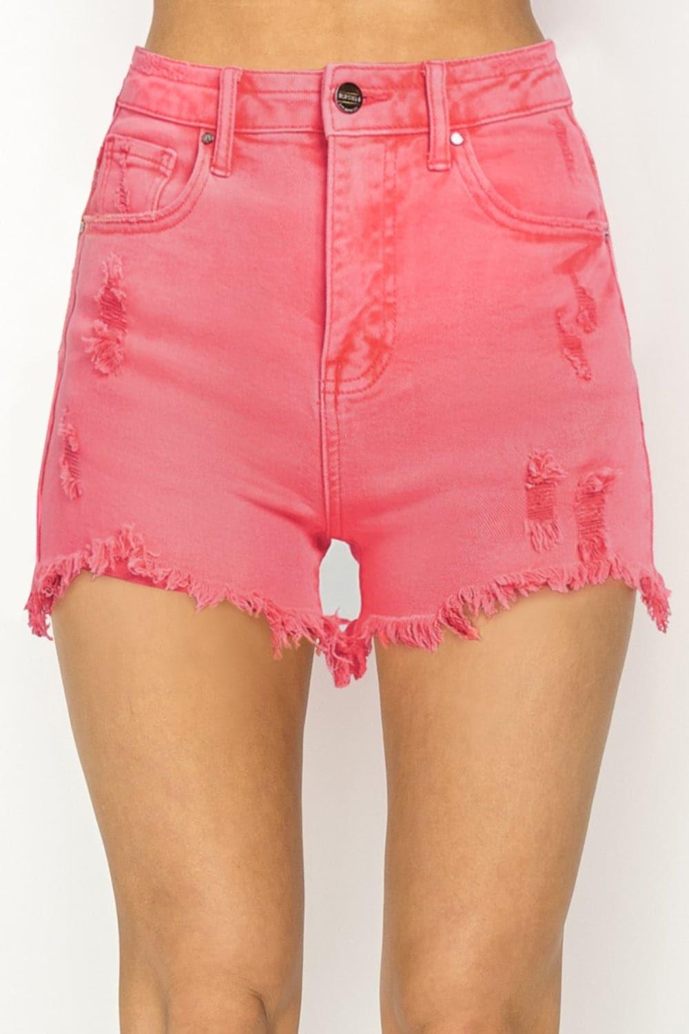 RISEN High Waist Frayed Hem Denim Shorts - SwagglyLife Home & Fashion