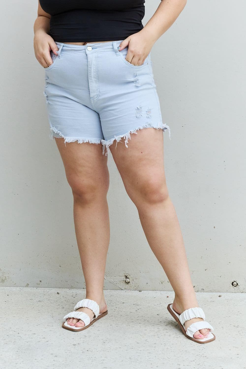 RISEN Katie Full Size High Waisted Distressed Shorts in Ice Blue - SwagglyLife Home & Fashion